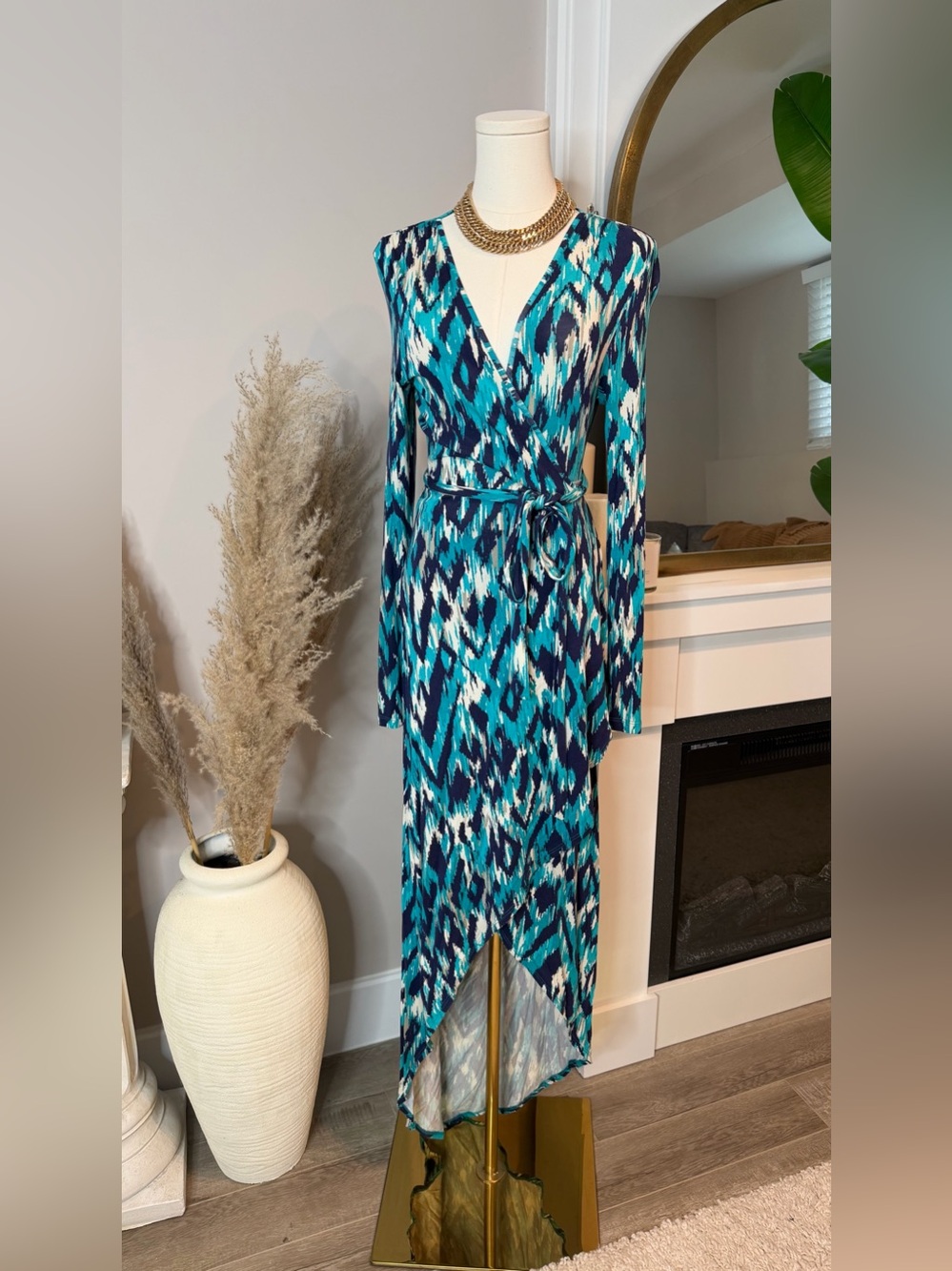 Blue Ikat Wrap Maxi Dress with Tie Waist